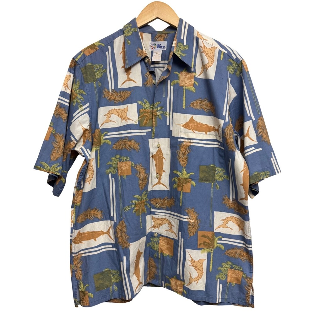 Reyn Spooner‎ Mens Shirt Medium 90s VTG Camp Marlin Palm Trees Button Up *READ